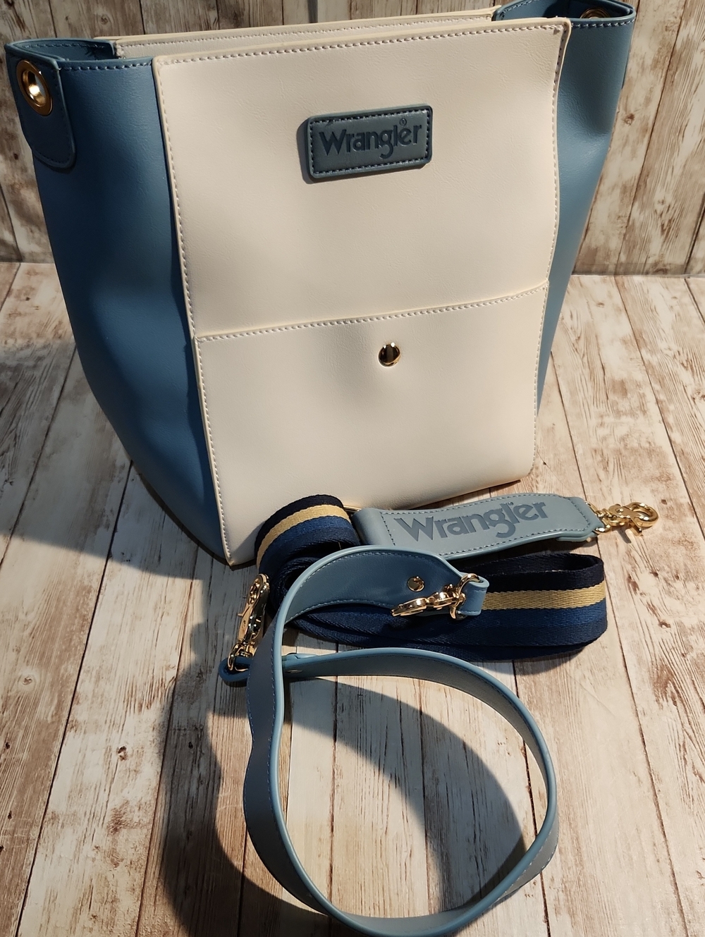 Wrangler Blue and Cream Crossbody Tote with Striped Strap